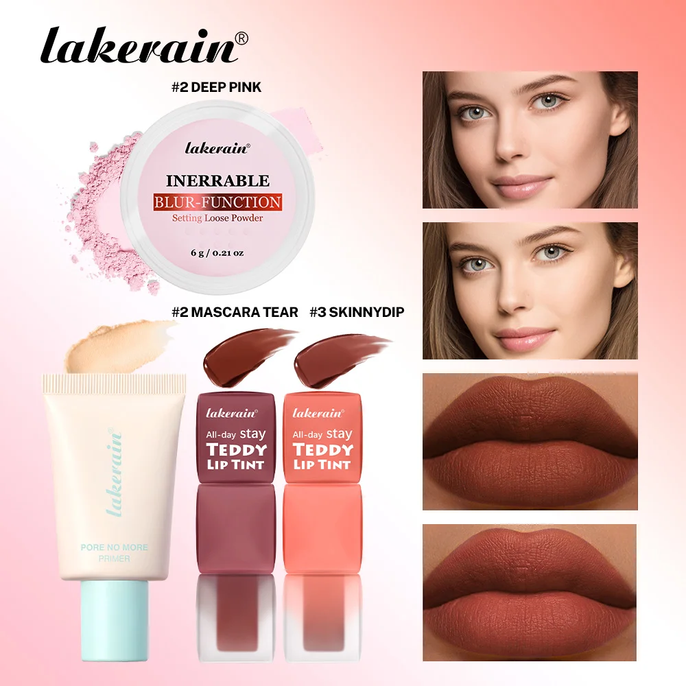 4-teiliges Set Pore No More Primer + Lippentönung + Loses Fixierpuder Make-up-Set Matt Langanhaltender Wasserfester Effekt Reisefreundlich Image