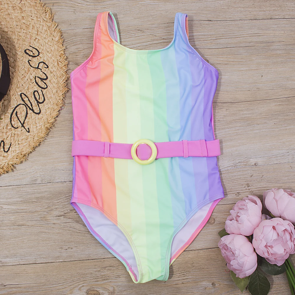 Regenbogen-Print Mädchen-Badeanzug 2026 mit Gürtel-Deko, Einteiliger Kinder-Badeanzug für Mädchen, Sommer-Strand-Baby-Monokini Image