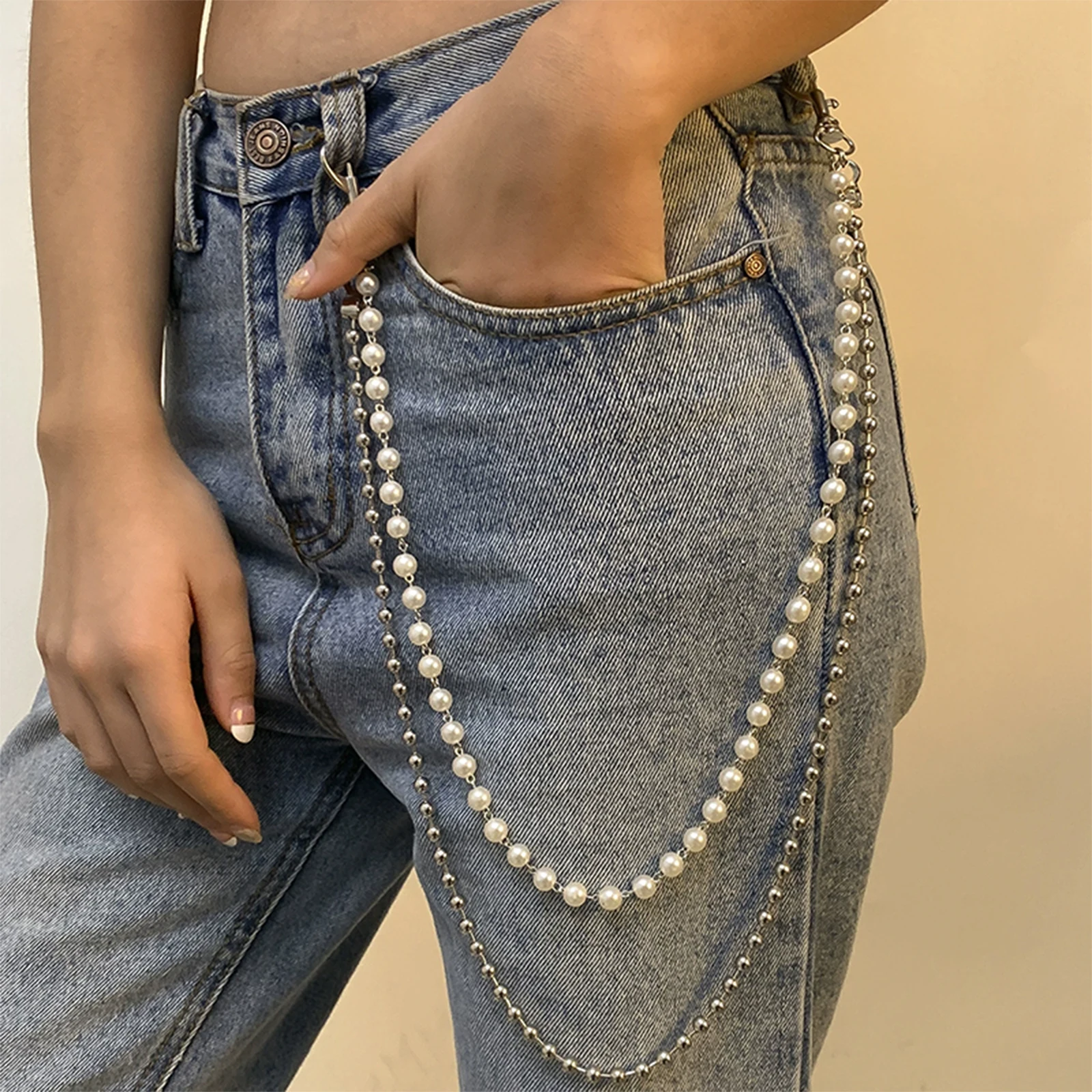 Catena in vita semplice per donna Temperamento Perla con perline Catena in vita a forma di U Hip Hop Rock Personalità Jeans Accessori per catene