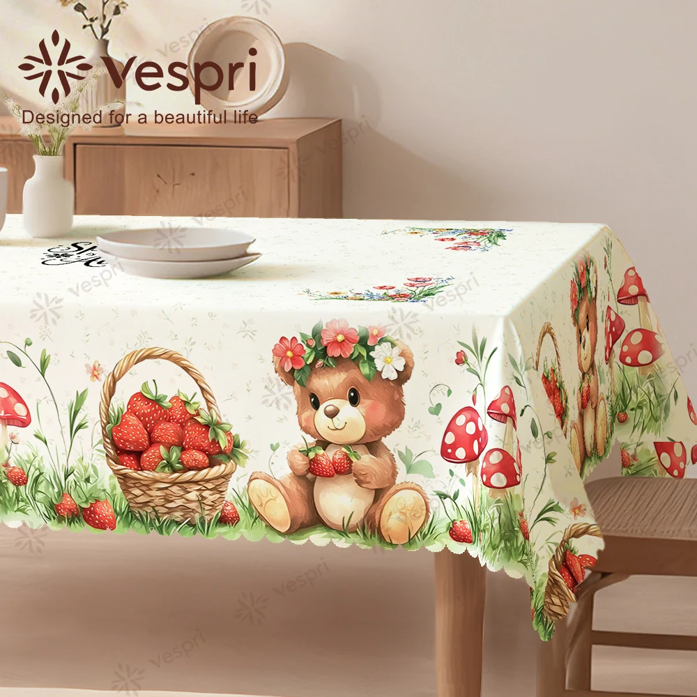 Vespri Frühlings-Blumen Oster-Tischdecke Weiß Rot Teddybär Erdbeere Pilz Rund Rechteckig Oval für Restaurant Party Image