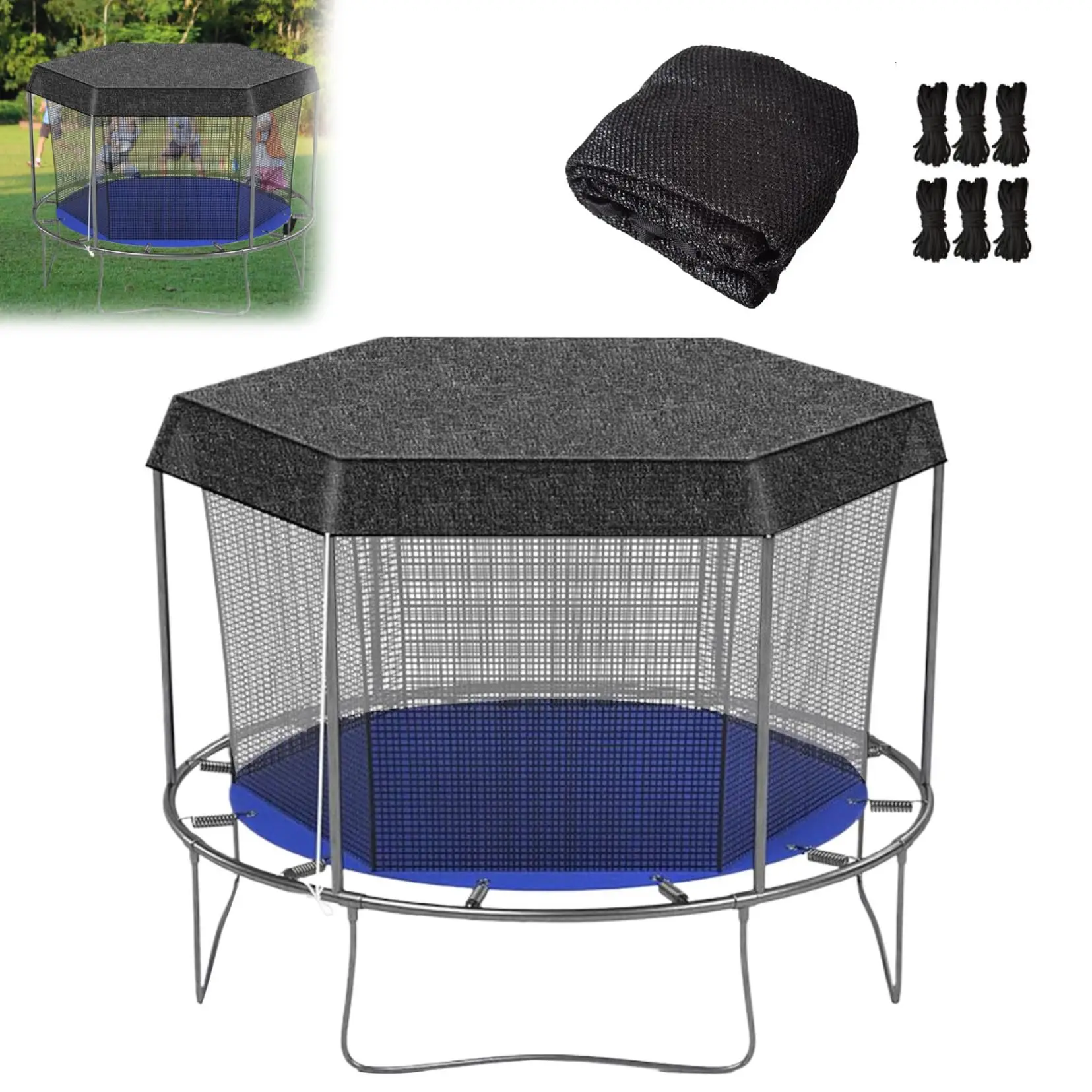 Trampolin-Sonnenschutzabdeckung, 6ft/8ft/10ft/12ft, 6 Stangen, Outdoor-Trampolin mit UV-Schutz & Netz, vollständiger Schutz, winddicht, Sonnenschutz Image
