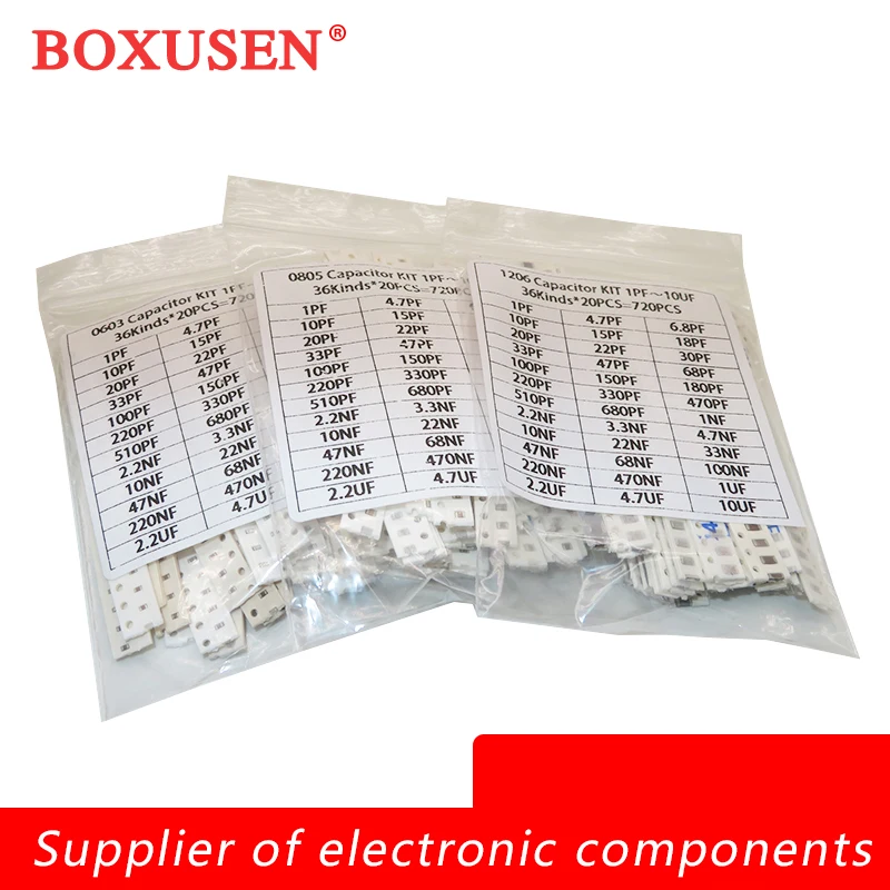 16/36/50 Werte 320 Stück 720 Stück 0603 0805 1206 SMD-Kondensator-Sortiment-Set 1PF – 10 UF Kapazitätsset 100 NF 0,1 UF 1 UF 2,2 UF 4,7 UF Image