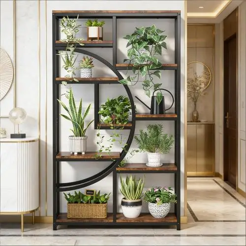 Ausstellungsregal mit geometrischem Design, geräumiges Bücherregal, freistehendes Bücherregal, mehrstufiges Bücherregal mit 9 offenen Regalböden O Image