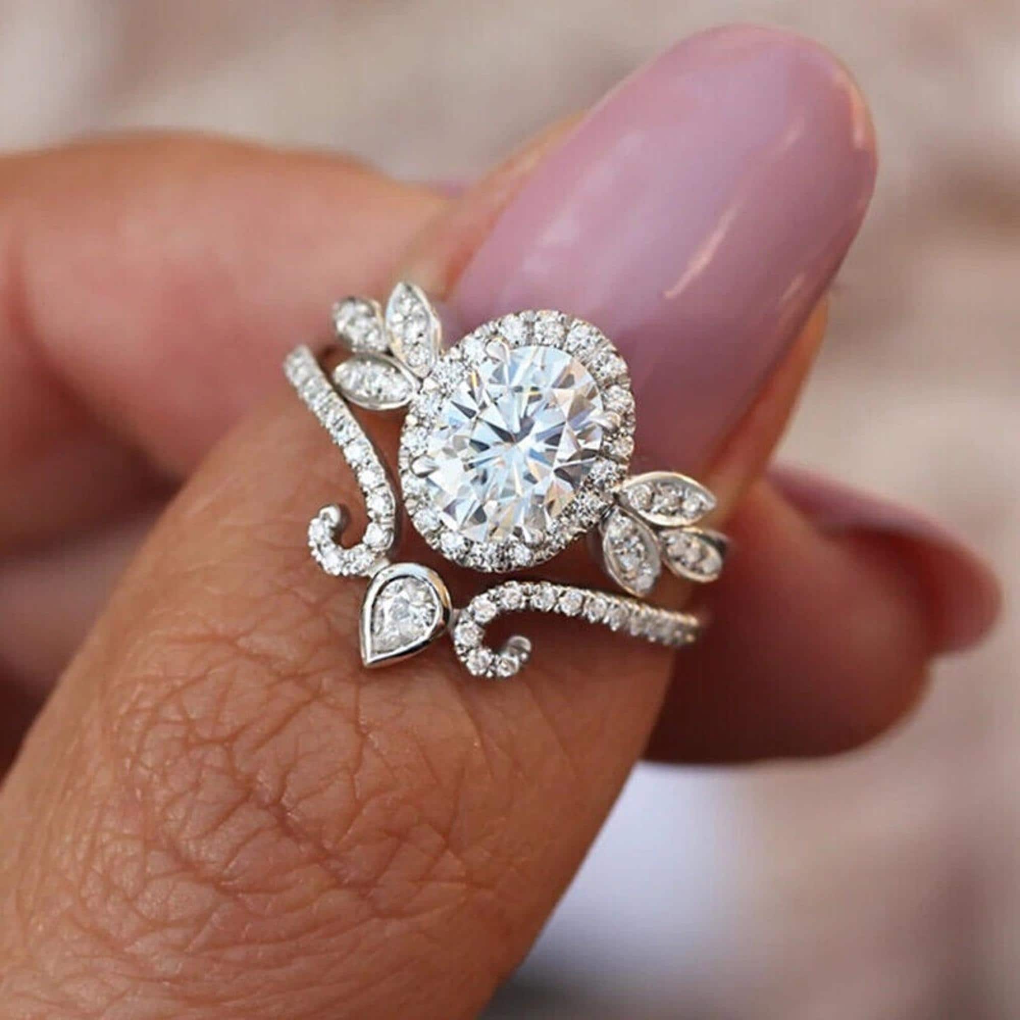 Set di anelli di fidanzamento Art Deco in stile vintage con alone, anello nuziale Art Deco con taglio europeo edoardiano, anello di diamanti d'epoca,