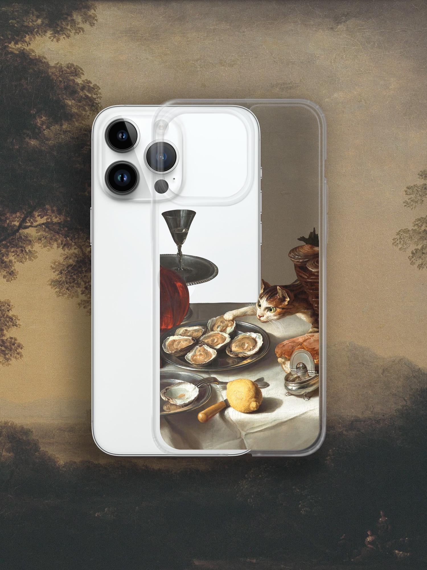 Custodia per iPhone con motivo Gatto che ruba cibo, custodia trasparente per iPhone con motivo Arte rinascimentale