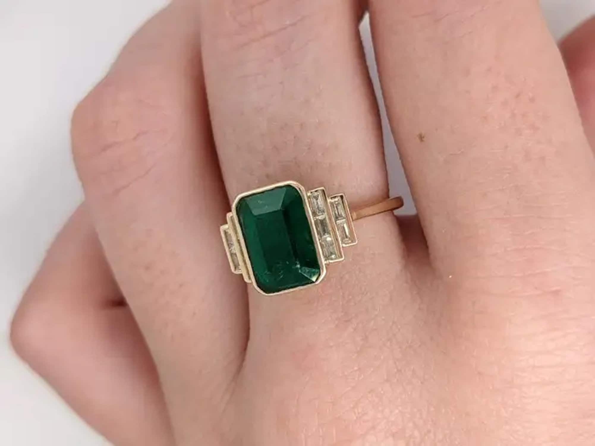 Anello Art Déco vintage con smeraldo e diamanti, anello di fidanzamento antico con alone in argento sterling, anello Art Déco unico, splendido anello