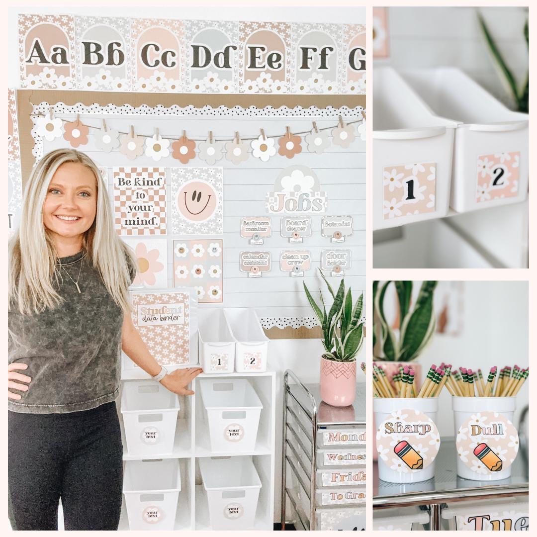Pacchetto di decorazioni per l'aula Boho / Tema per l'aula Daisy / Decorazioni per l'aula Pastello / Tema per l'aula di decorazioni Neutre