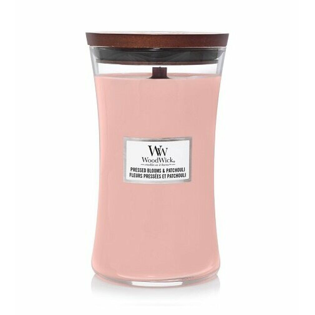 Candela profumata WoodWick Pressed Blooms & Patchouli con stoppino in