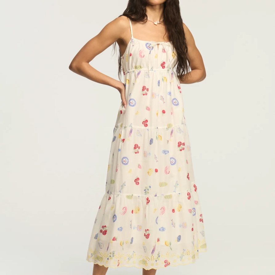 Lucky Brand Printed Eyelet Tiered Midi Dress - Women's Clothing Dresses Shirt Midi Dress in Multi Conversational Print, Size 2XL