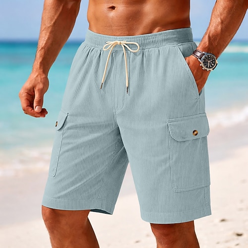Herren Cargo-Shorts Shorts Freizeitshorts Cordshorts Tasche Elastischer Bund Einfach Komfort Atmungsaktiv Knielang Lässig Outdoor Strand Urlaub Mode Schwarz Weiß Unelastisch Image
