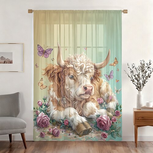 Vier-Jahreszeiten-Fenstervorhang für Schlaf- und Wohnzimmer mit Stange, florales Tuschemalerei-Design, weicher und luftiger Effekt, elegante und leichte Fensterdekoration Image