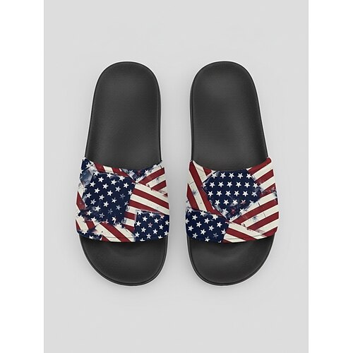 Patriotische Damen-Sandalen – leichte Strandpantoffeln mit amerikanischem Flaggenmotiv für Urlaub, Pool, Resort und sommerliche Freizeitkleidung Image