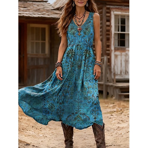 Damen Midikleid Sommerkleid A Linie Kleid Urlaub Lässig Boho Ferien Lässiger Schnitt Grafik Geometrisch Ärmellos V Ausschnitt Blau Grün Sommer Frühling Image