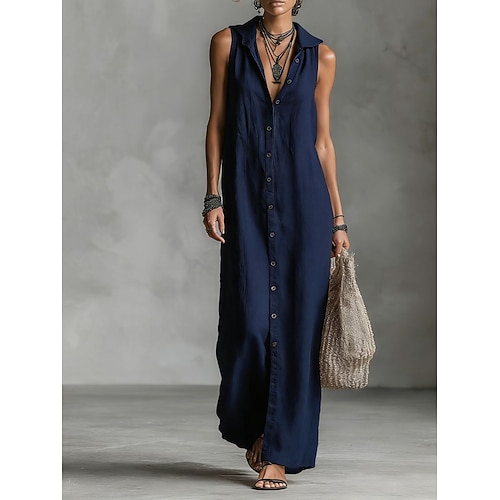 Damen Maxikleid Kleider in Leinenoptik Hemdblusenkleid Freizeitkleid Baumwoll-Leinenkleid Elegant Mode Modern Outdoor Urlaub Ausgehen Normale Passform Einfach Ärmellos Mit Kapuze Schwarz Pudriges Image