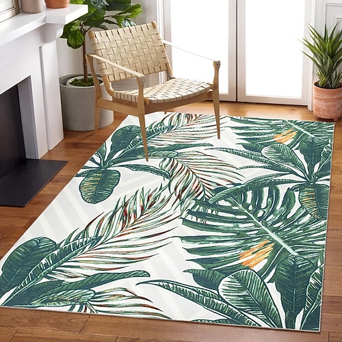 Tropischer Blätterteppich aus Kaschmirimitat, weicher, kurzfloriger, waschbarer, rutschfester Teppich, botanisches Grün, für den Innen- und Außenbereich geeignet, Wohnzimmer, Schlafzimmer, Esszimmer Image
