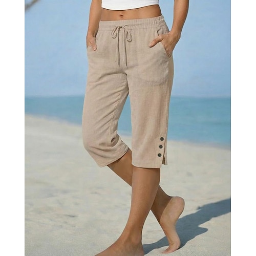 Damen Shorts aus Baumwollleinen Caprihose Chinos Shorts Urlaub Basic Lässig Capris Mittlere Taille Einfach Tasche Elastischer Bund Komfort Atmungsaktiv Unelastisch Täglich Outdoor Urlaub Schwarz Wei Image