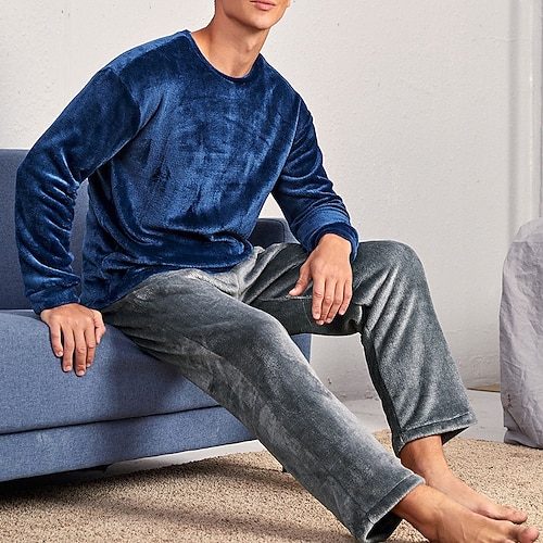 Herren Hausanzug Schlafanzüge Schlafanzug Set Pyjama-Oberteil und Hose 2 Stück Glatt Stilvoll Brautkleider schlicht Komfort Heim Täglich Flanell Komfort Rundhalsausschnitt Langarm Pullover Hose Image