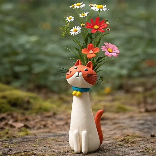 Handgefertigte, originelle Vase in Katzenform aus Kunstharz, niedlicher Katzen-Pflanztopf für Sukkulenten, für drinnen und draußen, Garten, Terrasse, Rasen, Balkon, Zuhause Image