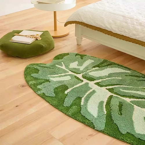Grüner, flauschiger Kaschmir-Imitatteppich, Nachttischvorleger mit Blätterdesign für stimmungsvolles Schlafzimmer und rutschfeste Fußmatte fürs Badezimmer Image
