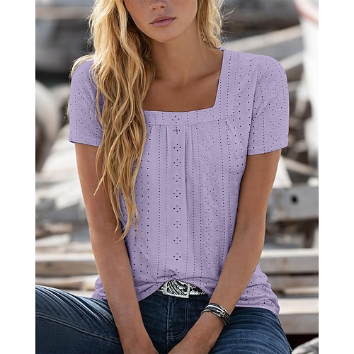 Damen Stricktops mit Textur T Shirt Gerafft Einfarbig Elegant Stilvoll Basic Kurzarm Quadrathals Normale Oberteile Täglich Ausgehen Wochenende Schwarz Weiß Hellgrün Rosa Purpur Sommer Frühling Image