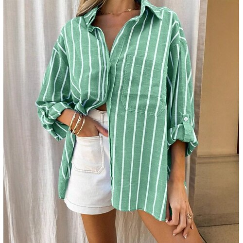 Damen Bluse Knöpfe Druck Gestreift Stilvoll Lässig Langarm Hemdkragen Normale Oberteile Täglich Blau Rosa Grün Sommer Frühling Herbst Image