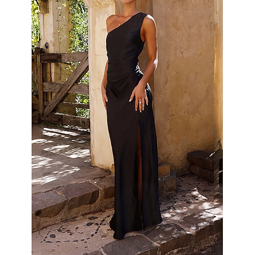 Damen Maxikleid Satinkleid Partykleid Cocktailkleid Elegant Mode Modern Abendgesellschaft Party Hochzeit Normale Passform Einfach Ärmellos Ein-Schulter Blau Schwarz Rosa Grün Sommer Frühling Image