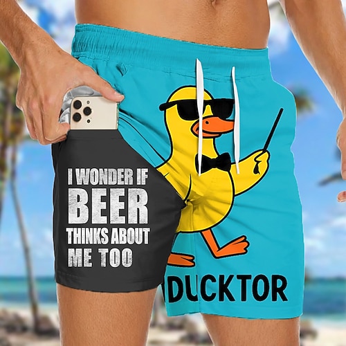 Herren Ente Lustiger Slang Comic-Tiere Gefütterte Shorts 2 in 1 Badeshorts Badeshorts Mittlere Taille Hawaiianisch Strandurlaub Seitentaschen Mit Kompressionsfutter Elastischer Kordelzug in der Taille Image