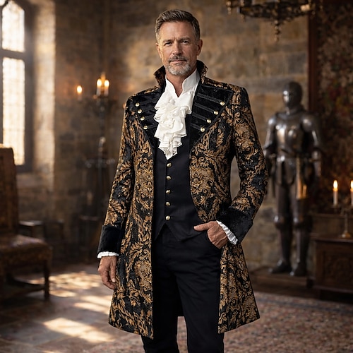 Gotisch Viktorianisch Mittelalterlich Asymmetrisch Mantel langarm Pirat Jacquard Kostüm Unisex Halloween Karneval Maskerade Renaissance-Messe LARP Erwachsene Mantel Image