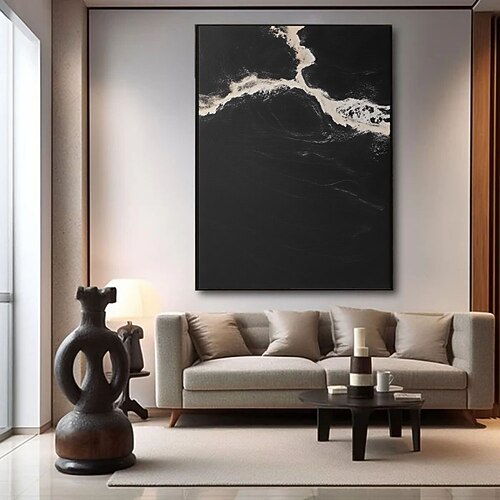 Handgemaltes, strukturiertes Mitternachtsstrand-Motiv, schwarzer Fluss, moderne Acrylkunst, großes abstraktes Gemälde mit schwarz-weißen Wellen, strukturierte minimalistische Wandkunst Image