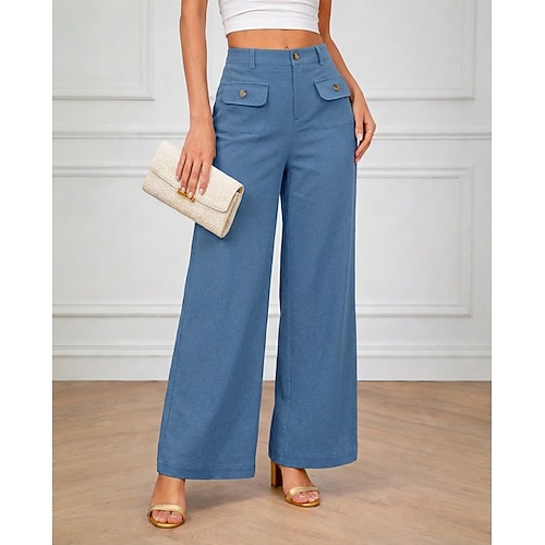 Damen Weites Bein Stoffhosen Urlaub Streetwear Basic Volle Länge Natürliche Taille Einfach Tasche Elastischer Bund Bequem Komfort Unelastisch Täglich Urlaub Ausgehen Armee-Grün Hellhimmelblau Image