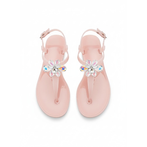 Elegante weiße Jelly-Sandalen für Damen – wasserfeste T-Riemen-Flip-Flops mit 3D-Blumenmuster Funkelnde Strassdekoration für Strandurlaube und Sommerhochzeiten Resort-Kleidung Image