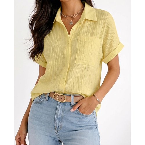 Damen Hemd Freizeithemd Knopfhemd Bluse Gerafft Knöpfe Einfarbig Einfach Urlaub Vintage Mode Ärmellos Kurzarm Umlegekragen Normale Oberteile Streetwear Arbeit Ferien Blau Schwarz Weiß Gelb Rosa Image