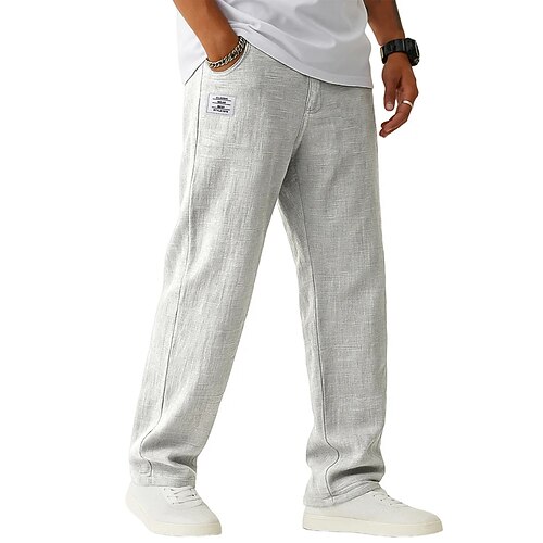Herren Leinenhosen Hose Sommerhose Baggy-Hosen Kordelzug Elastischer Bund Gerader Schnitt Einfach Leicht Atmungsaktiv Volle Länge Lässig Täglich Outdoor Urlaub Mode Blau Schwarz Unelastisch Image