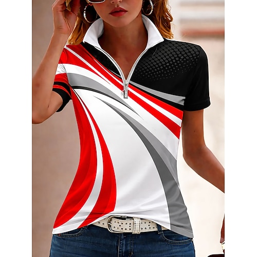 Damen T Shirt Reißverschluss Viertel Postleitzahl Grafik Geometrisch Farbblock Vintage Tropisch Hawaiianisch Kurzarm Hoher Ausschnitt Normale Oberteile Strandhochzeit Täglich Sport Blau Weiß Rosa Image