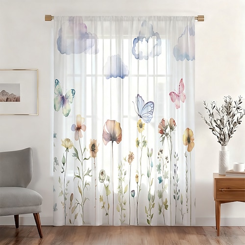 Transparenter Vier-Jahreszeiten-Fenstervorhang für Schlaf- und Wohnzimmer, mit Glyzinienblüten- und Rankenmuster, eleganter, floraler Gardinenvorhang mit Stangendurchzug, sanfte und leichte Dekoration Image