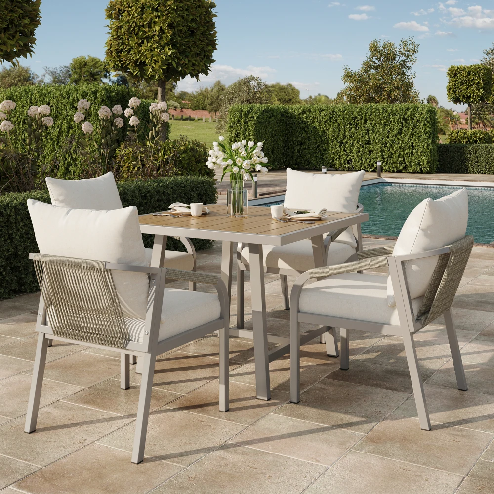 Set da Pranzo Moderno da Giardino per Esterni, 1 Tavolo e 4 Sedie per 4 Persone, Struttura in Acciaio Zincato, Design in Corda Intrecciata, Arredamento per Patio e Balcone