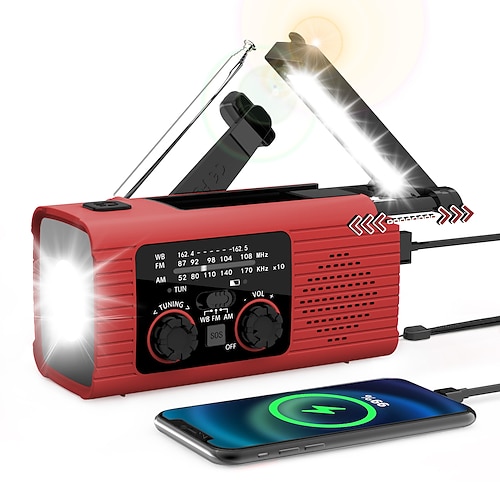 Notfallradio mit 4000 mAh Akku, Solarbetrieb, Handkurbel, AM/FM/NOAA-Empfang, Wetterradio, Handy-Ladegerät, LED-Taschenlampe, Leselampe, SOS-Alarm, Kopfhöreranschluss für Notfälle im Innen- und Image