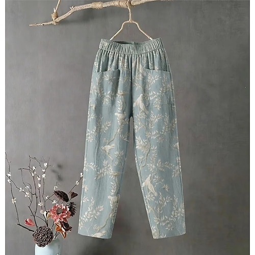 Damen Weites Bein Chinos Stoffhosen Freizeithose Urlaub Vintage Ethno-Stil Volle Länge Hohe Taille Blumen Grafik Vogel Tasche Bequem Komfort Atmungsaktivität Unelastisch Lässig Täglich Outdoor Blau Image