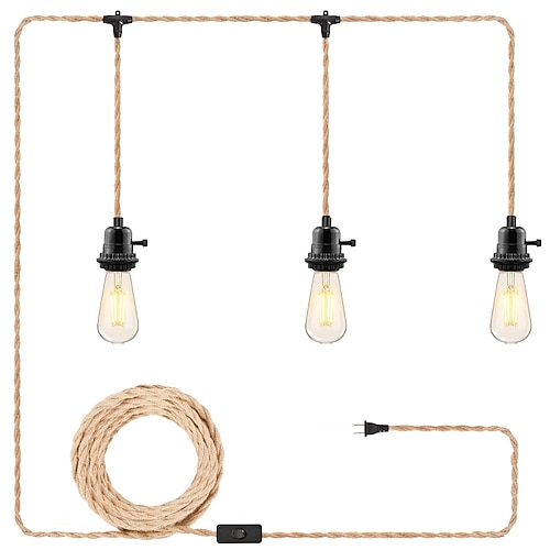 15 Fuß langes Kabel mit Stecker für eine Lampe, 23 Fuß langes Kabel mit Stecker für eine dreiflammige Pendelleuchte, Hängeleuchten mit Steckerkabel, Hängeleuchten-Set aus Hanfseil mit 2-Wege-Schalter, Image