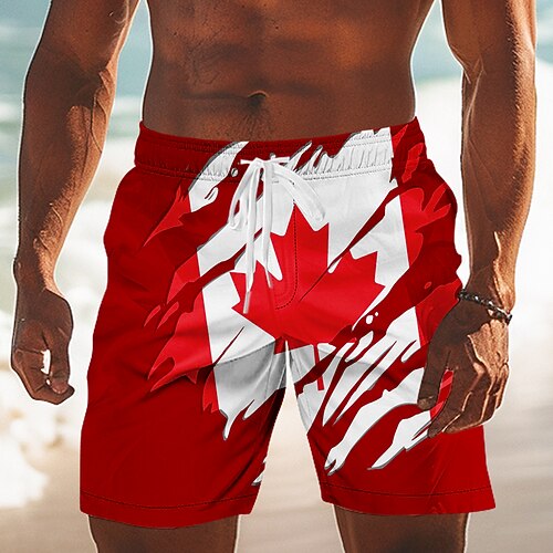 Herren Kanada Fußball Flagge / Nationalflagge Badehosen Badeanzüge Badeshorts Boardshorts Mittlere Taille Patriotisch Ferien Seitentaschen Netzfutter Elastischer Kordelzug in der Taille Designer Image