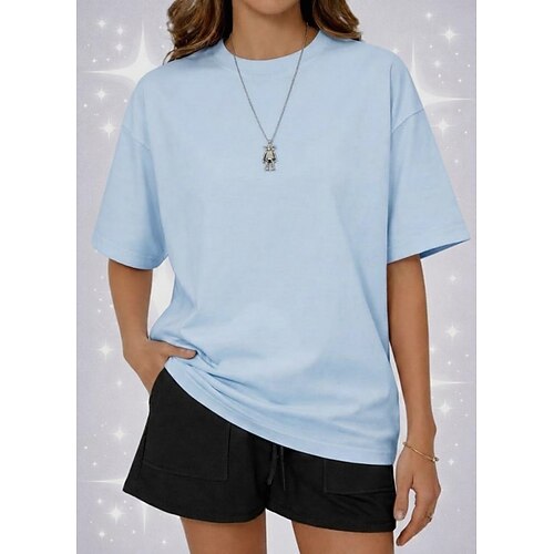 Damen Übergroße T-Shirt T-Shirt aus 100 % Baumwolle Einfarbig Mode Klassisch Lässig Kurzarm Rundhalsausschnitt Rundhals Normale Oberteile Täglich Sport Ausgehen Salbeigrün Schwarz Weiß Gelb Rosa Image