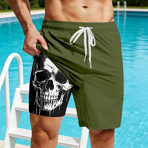 Herren Schädel Gefütterte Shorts 2 in 1 Badeshorts Badeanzüge Badeshorts Mittlere Taille Dunkler Gothic-Stil Strandurlaub Seitentaschen Mit Kompressionsfutter Elastischer Kordelzug in der Taille Image