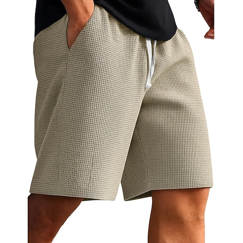 Herren Waffel-Shorts Shorts Freizeitshorts Tasche Elastischer Bund Rein Einfach Einheitliche Farbe Komfort Atmungsaktiv Knielang Lässig Outdoor Strand Urlaub Mode Blau Schwarz Unelastisch Image