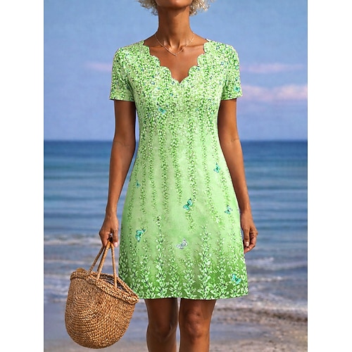 Damen Minikleid T-Shirt-Kleid A Linie Kleid Sommerkleid Lässig Täglich Strand Ferien Normale Passform Blumen Grafik Kurzarm Einkerbiger Ausschnitt Blau Rosa Purpur Grün Sommer Frühling Image