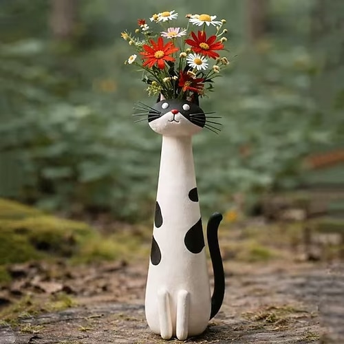 Handgefertigte, originelle Vase in Katzenform aus Kunstharz, niedlicher Katzen-Pflanztopf für Sukkulenten, für drinnen und draußen, Garten, Terrasse, Rasen, Balkon, Zuhause Image