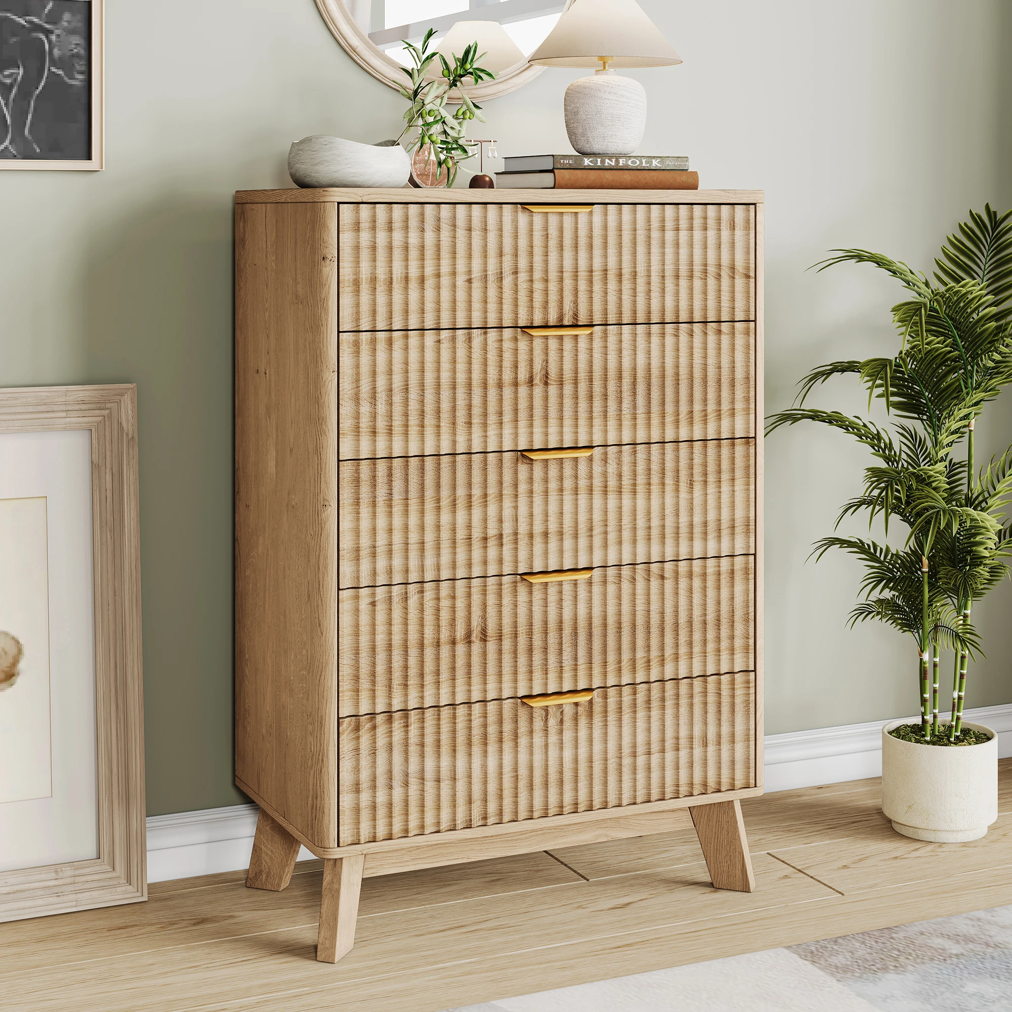 Anajqaqia Cassettiera 108×73×40 cm, Cassettiera alta, Cassettiera in legno, Cassettiera per camera da letto, Mobile contenitore per soggiorno, Cassettiera a 5 cassetti