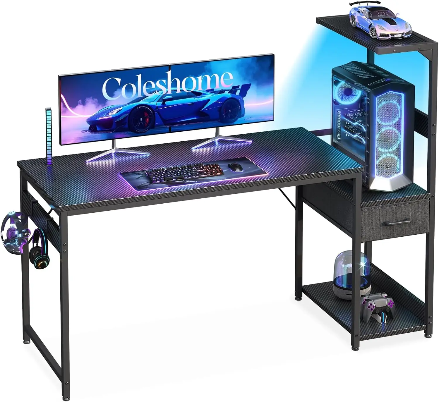 Tavolo da gioco Coleshome con illuminazione a LED, scrivania da gioco 138×48 cm con cassetti e ripiano