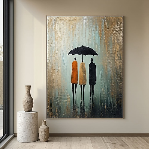 Handgefertigtes Leinwandbild „Wanderer unter einem Regenschirm" mit schwarzem Regenschirm als Wandbehang, Wandbild „Menschen unter einem Regenschirm", Poster für die Heimdekoration. Image