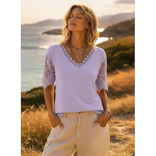Damen T Shirt Spitze Patchwork Lochmuster Einfach Mode Modern Lässig Kurzarm V Ausschnitt Normale Oberteile Täglich Ausgehen Wochenende Weiß Rosa Purpur Leicht Blau Sommer Frühling Image