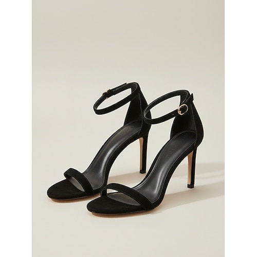 Schwarze, minimalistische Stiletto-Sandalen für Damen, offene Zehenpartie, Knöchelriemen, hohe Absätze, ideal für Cocktailpartys und Abendveranstaltungen formelle Anlässe Image